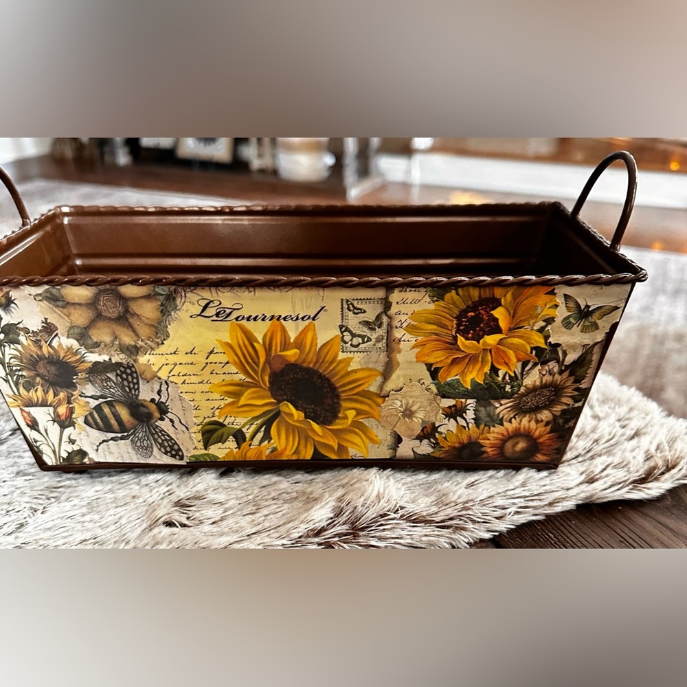 Hand crafted Artisan rustic Floral Metal Storage Bin Brown and Yellow